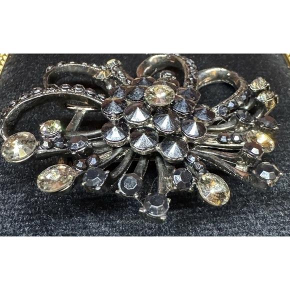 Vintage Rhinestone Starburst Flower Statement Brooch Black Champagne - Picture 4 of 14